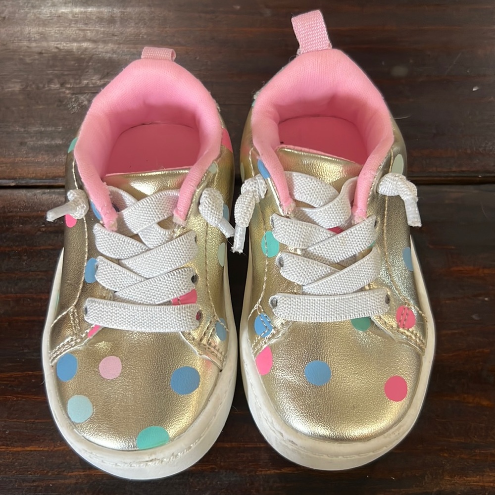 Carters gold and multi colored polka dot tennis shoes sz 4